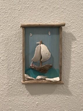 Driftwood Art, Seashell Sailboat & Birds, Driftwood Coastal Art